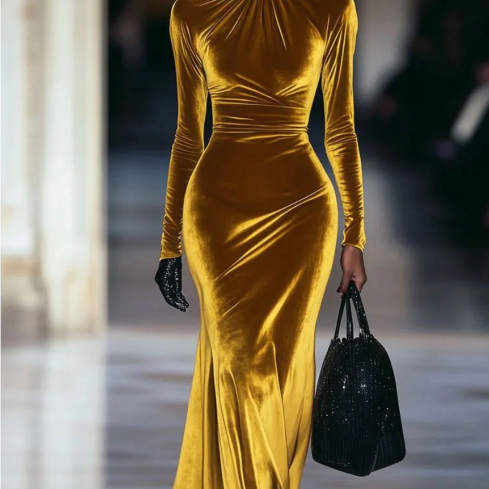 Golden Gold Bodycon Long Sleeve Cocktail Dress